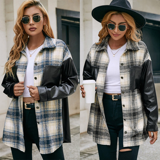 Damen Overshirt mit Kunstleder-Ärmeln und Karomuster EB