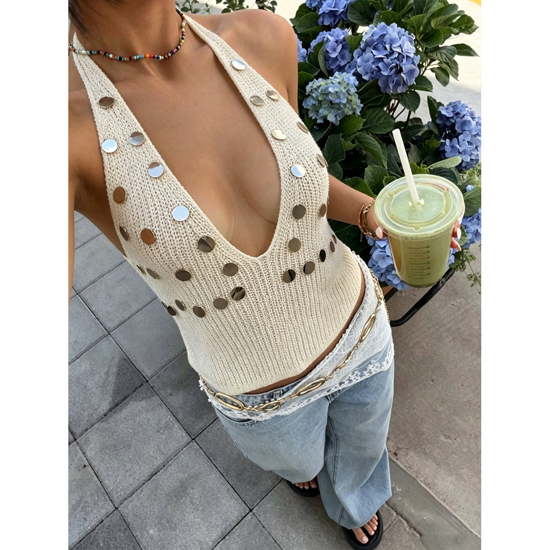 Damen trendiges Stricktop mit tiefem V-Ausschnitt und modischen Metallic-Akzenten EB