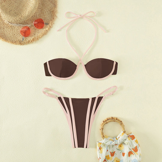 Damen Bandeau-Bikini mit stilvollem Tierdruck und raffinierter Schnürung EB