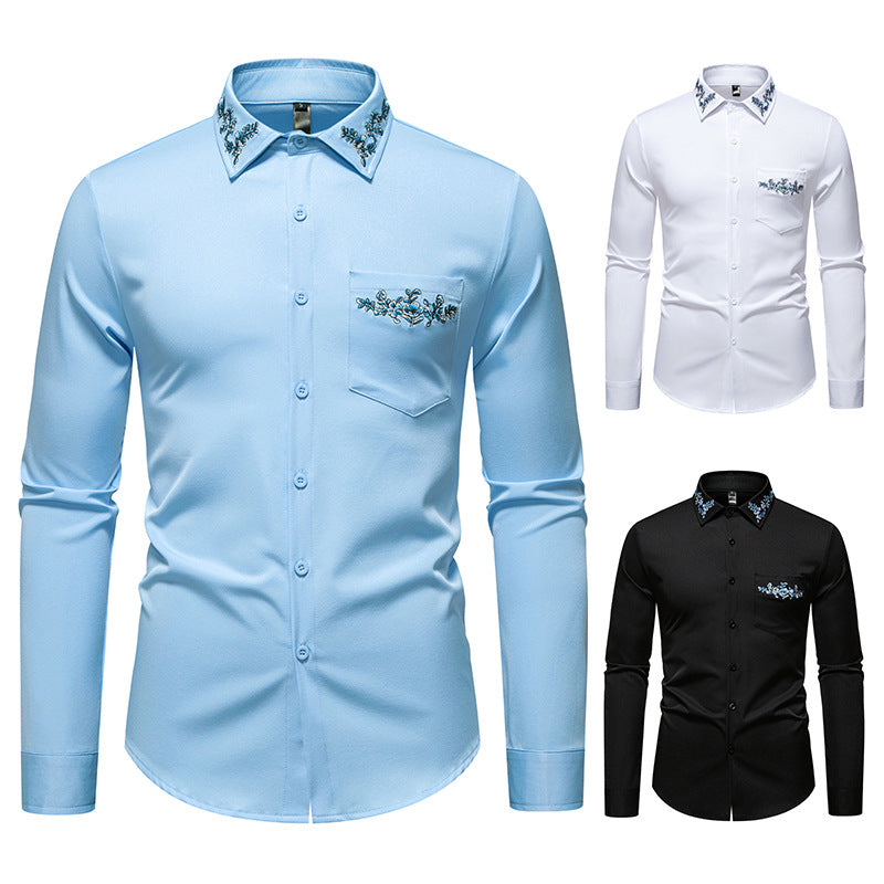 Herren Langarmhemd mit floralem Stickdesign EB