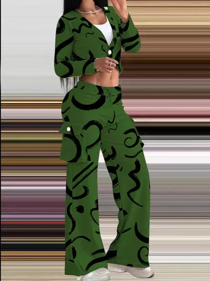 Damen Lässiges Set mit kreativem Print und bequemen Hosen EB