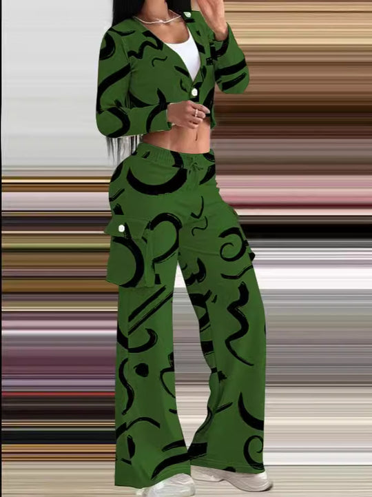 Damen Lässiges Set mit kreativem Print und bequemen Hosen EB