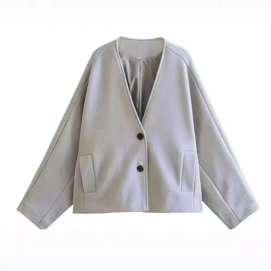 Damen nan oversized V-Neck Kurzjacke aus Wollmix mit Raglanärmeln und aufgesetzten Taschen EB