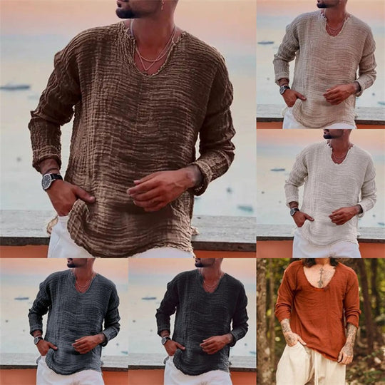 Herren lässiges V-Neck Leinenhemd EB
