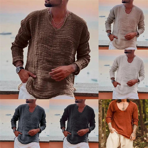 Herren lässiges V-Neck Leinenhemd EB