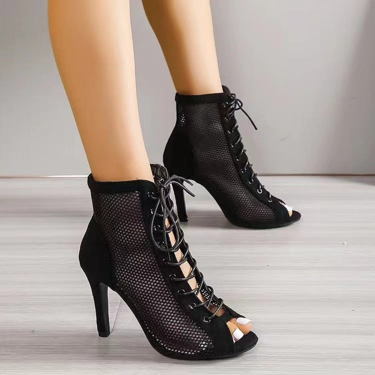 Damen offene Schnürstiefeletten im modernen Mesh-Design mit hochwertigem Absatz EB