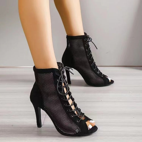 Damen offene Schnürstiefeletten im modernen Mesh-Design mit hochwertigem Absatz EB