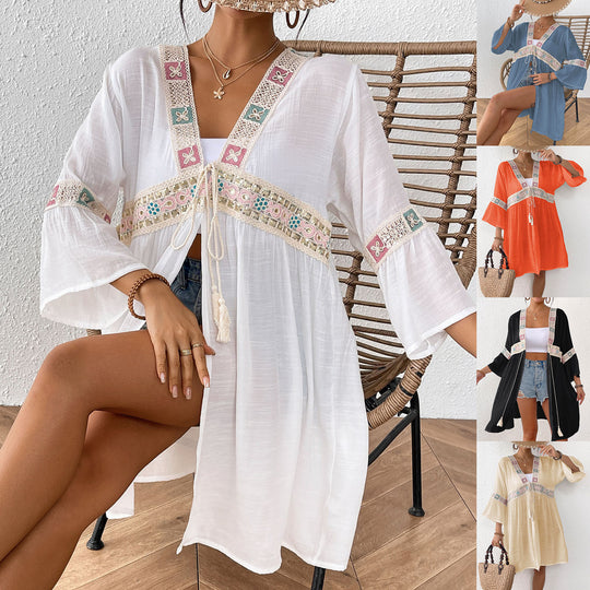 Damen luftiger Strandkimono mit floralen Stickereien EB