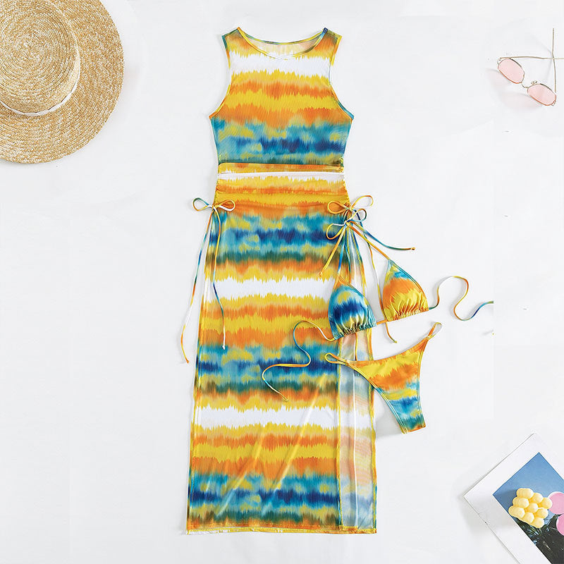 Damen Maxikleid mit modischem Wickeldesign und lebhaftem Tie-Dye-Muster EB