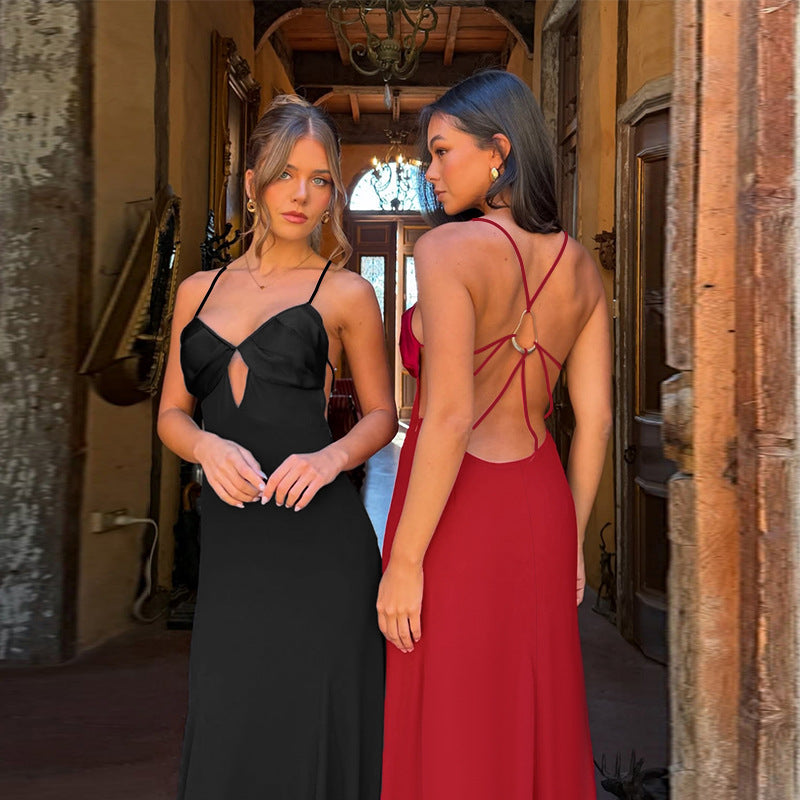 Damen elegantes Maxikleid mit v-förmigem Ausschnitt und feinen Trägern EB
