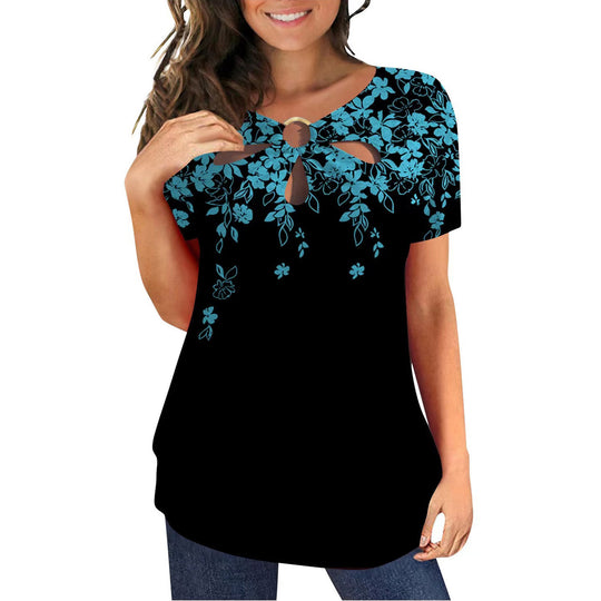 Damen elegantes Oberteil mit floralem Cut-Out-Design und glänzendem Ringeinsatz EB