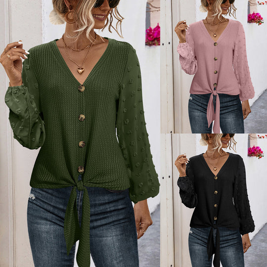 Damen modisches Blusenshirt mit Knopfdetails und voluminösen Ärmeln EB