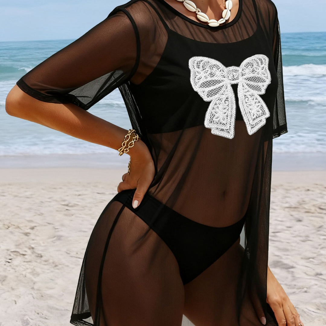 Damen transparenter Strandüberwurf mit filigranem Spitzenmuster EB
