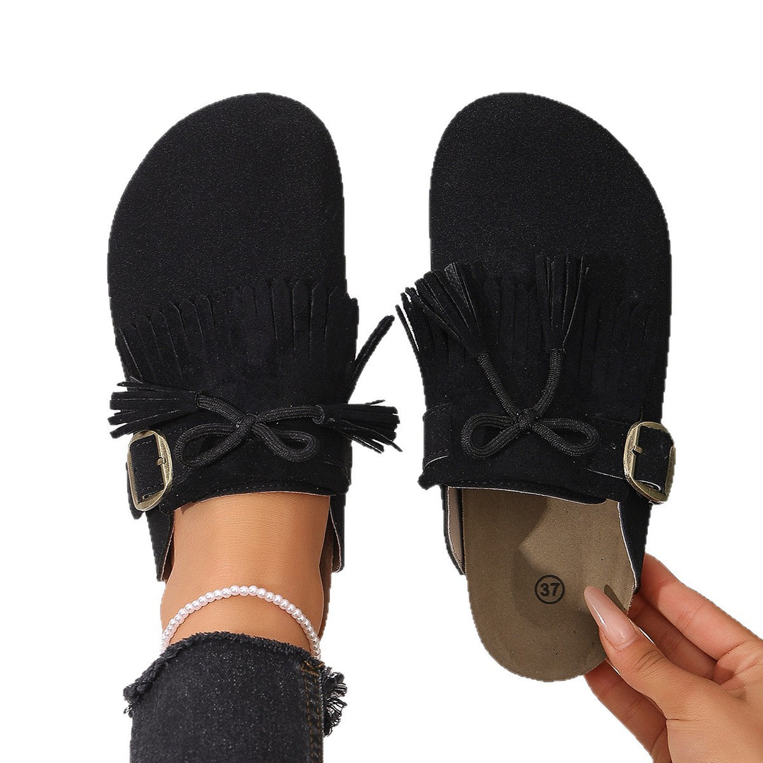 Damen Clogs mit dekorativen Fransen und verstellbarem Schnallenverschluss EB