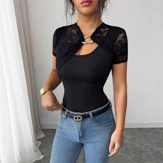 Damen nan kurzes Spitzen-Capelet mit dekorativem Metallclip und kurzen Ärmeln EB