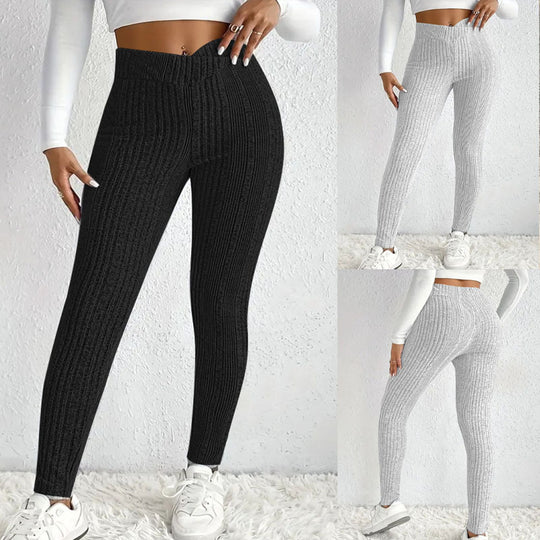 Damen Strickleggings mit hohem Bund und feinen Längsrippen EB