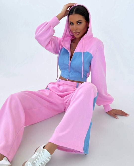 Damen sportliches Set mit cropped Kapuzenjacke und weitem Hosen EB