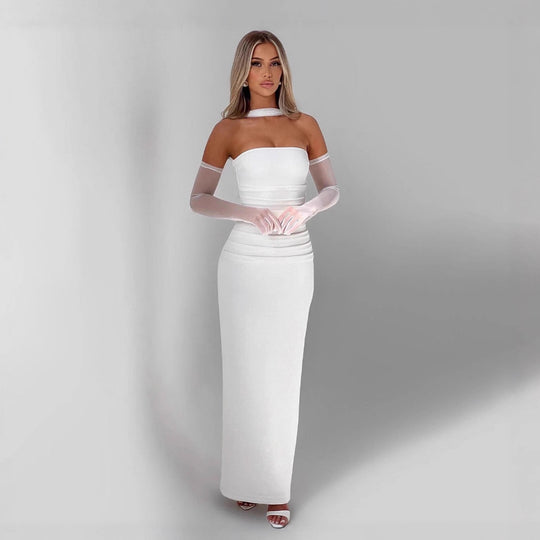 Damen figurbetontes Abendkleid mit Schulterband und langen Handschuhen EB