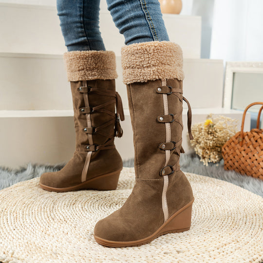 Damen Wedge-Stiefel aus hochwertigem Wildleder mit modischem Falten-Design EB