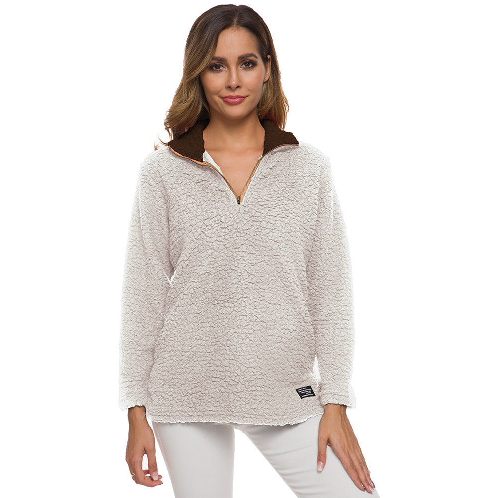 Damen kuscheliger Fleece-Pullover mit hohem Kragen und Reißverschluss EB