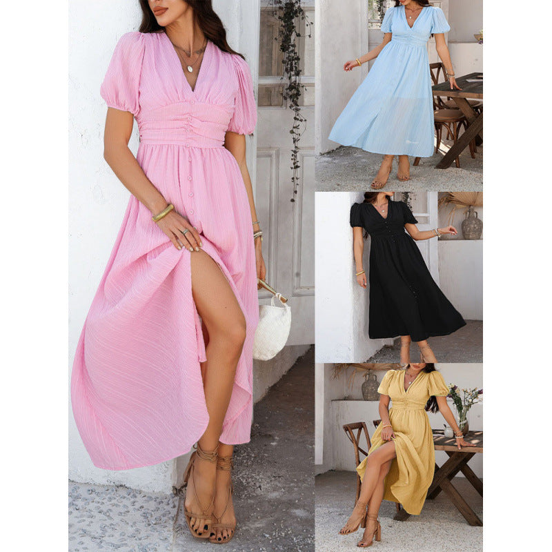 Damen Maxikleid mit raffinierten Puffärmeln und tailliertem Schnitt EB