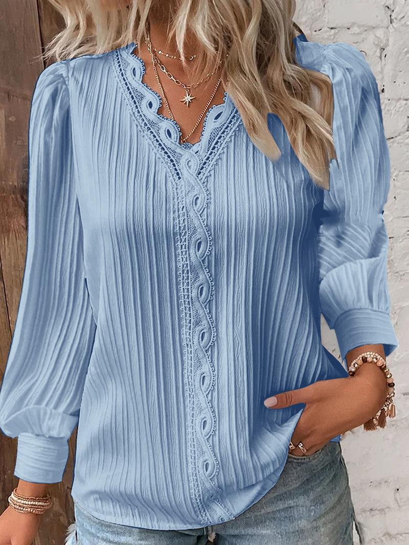 Damen nan romantische V-Ausschnitt Spitzenbluse mit Plissee und Puffärmeln EB