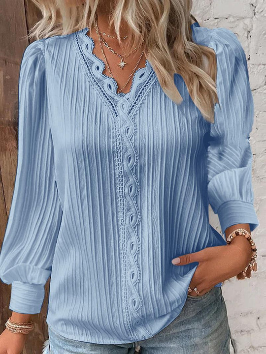 Damen nan romantische V-Ausschnitt Spitzenbluse mit Plissee und Puffärmeln EB