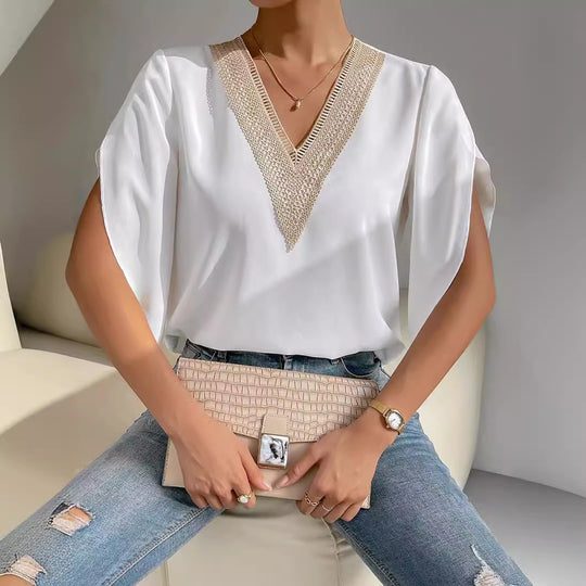 Damen elegantes V-Ausschnitt Oberteil mit dekorativen Details EB