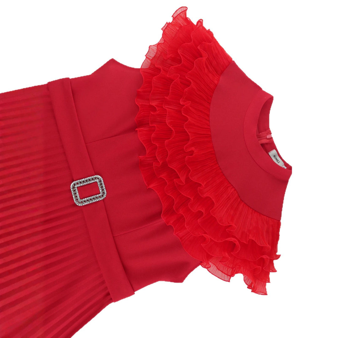 Damen plissiertes Abendkleid mit Volant-Ausschnitt und Taillengürtel EB