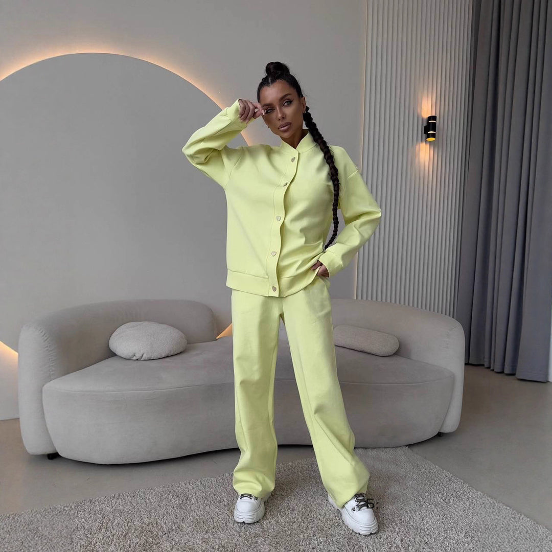 Damen Zweiteiliges Loungewear-Set mit Stehkragen, dekorativen Schmuckknöpfen und weitem Palazzo-Hosenbein EB