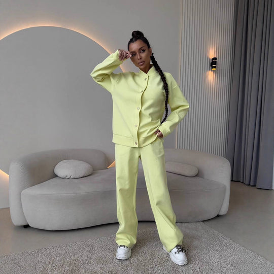 Damen Zweiteiliges Loungewear-Set mit Stehkragen, dekorativen Schmuckknöpfen und weitem Palazzo-Hosenbein EB