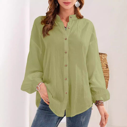 Damen lässige Bluse mit Knopfleiste und Stehkragen EB