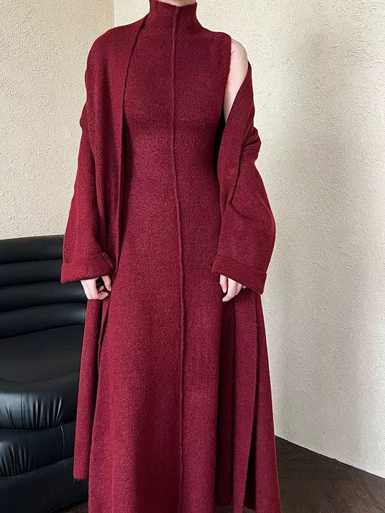Damen Langer Strickmantel mit hohem Kragen und elegantem Schnitt EB