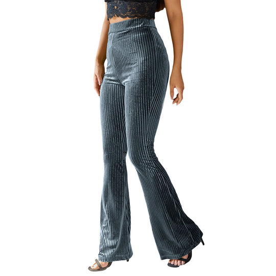 Damen elegante Flare-Hose aus samtigem Material mit feinem Streifenmuster EB
