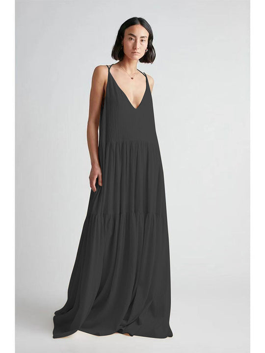 Damen Maxikleid mit tiefem V-Ausschnitt und voluminösem Rock EB