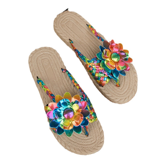 Damen Bunte Zehentrenner-Sandalen mit floralem Design EB