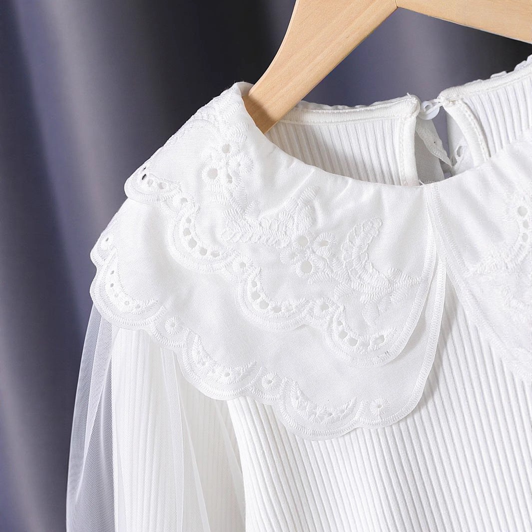 Mädchen modische Bluse mit elegantem Spitzenkragen und Tüllärmeln EB