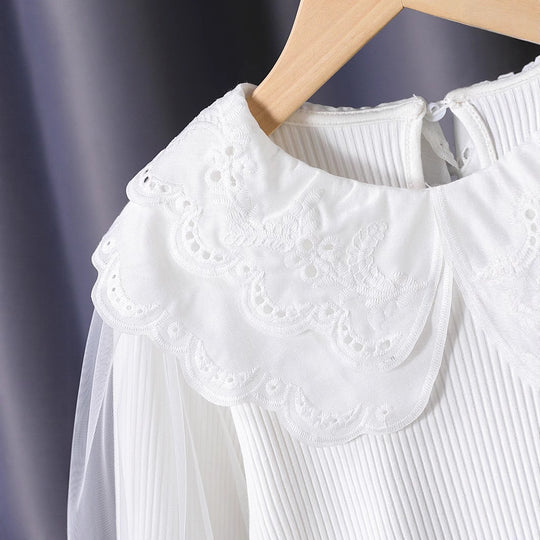Mädchen modische Bluse mit elegantem Spitzenkragen und Tüllärmeln EB