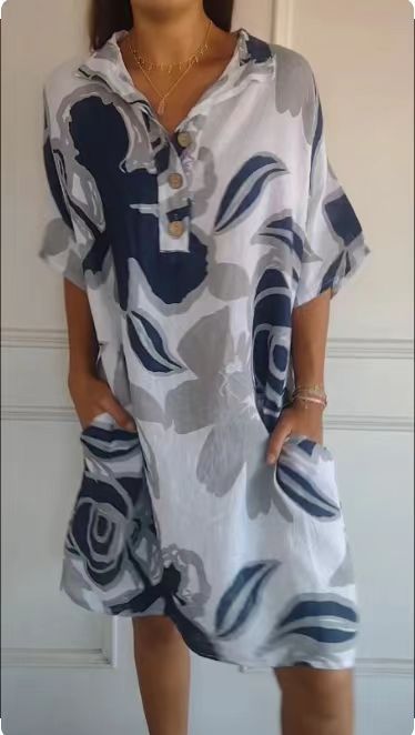 Damen luftiges Strandkleid mit modischem Muster und seitlichen Taschen EB