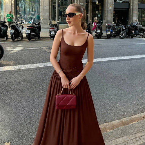 Damen Elegantes Maxikleid mit Drapierung und Spaghetti-Trägern EB