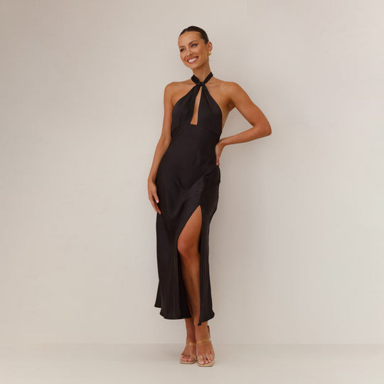 Damen Elegantes Wickelmaxikleid im Halterneck-Stil mit seitlichem Schlitz und Taillengürtel EB