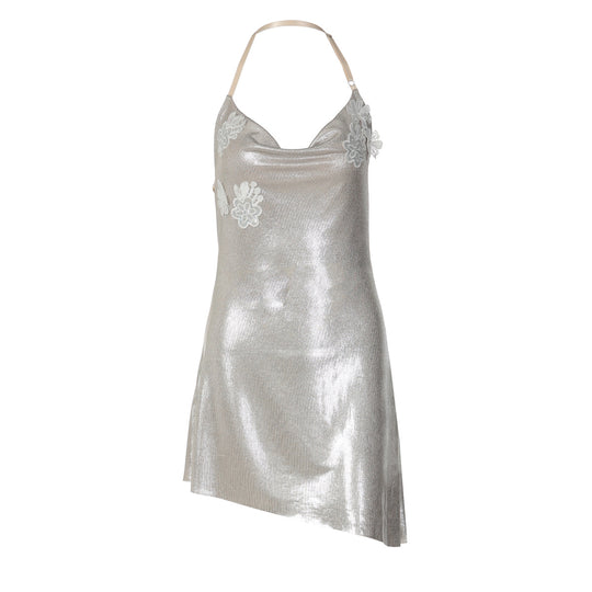 Damen glänzendes Cocktailkleid mit Spaghetti-Trägern und zarten Spitzenapplikationen EB