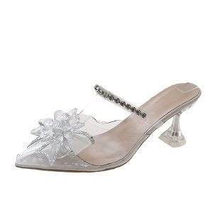 Damen Elegante Mules mit transparenter Vorderkappe und funkelndem Strassdetail EB