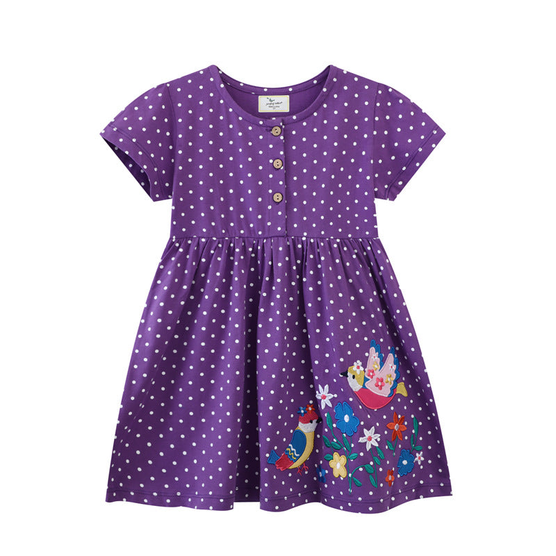 Mädchen Sommerkleid mit hübschen Vogel- und Blumenapplikationen EB