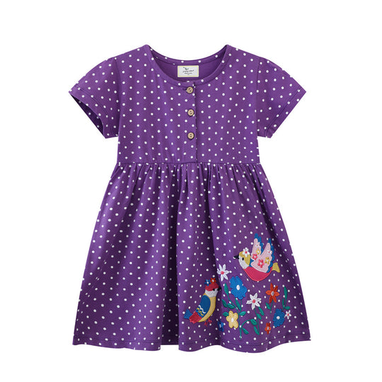 Mädchen Sommerkleid mit hübschen Vogel- und Blumenapplikationen EB