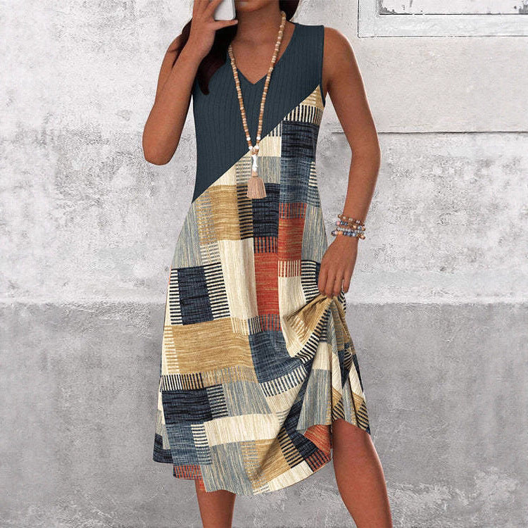 Damen nan ärmelloses V-Ausschnitt Midikleid mit diagonalem Patchworkmuster und geripptem Oberteil EB
