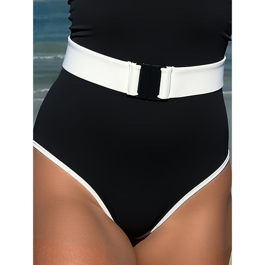 Damen Sportlicher Einteiler Badeanzug mit Gürtel EB