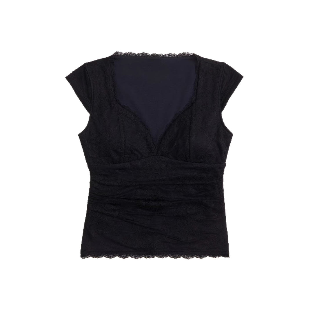 Damen Spitzen-Oberteil mit elegantem V-Ausschnitt und Rüschendetails EB