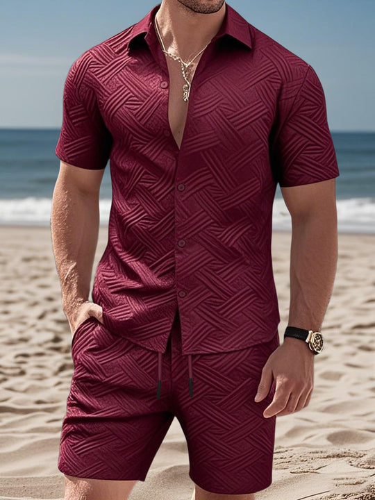 Herren nan geprägtes Strand-Ensemble mit offenem Kurzarm-Hemd und Kordel-Bermuda EB