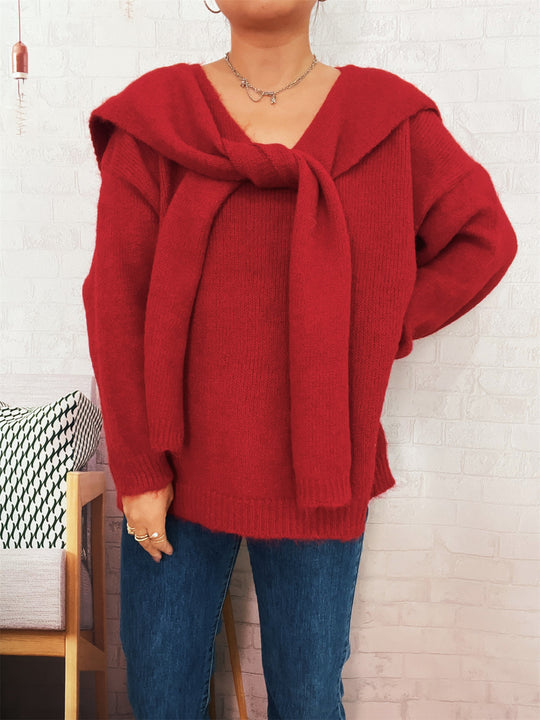 Damen lässiger Strickpullover mit abnehmbarer Kapuze und Knopfdetails EB
